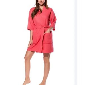 Turquaz Coral Kimono Waffle Robe Waist Tie Patch Pockets Large NEW TAGS